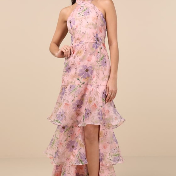 Lulus Forever Exceptional Light Pink Floral Halter Organza Maxi Dress - Size 2X - Picture 1 of 1